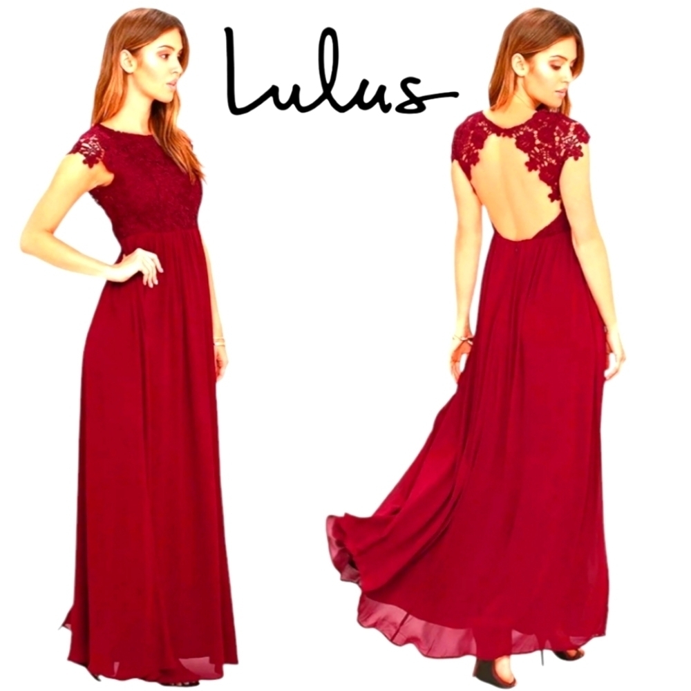 LULUS The Greatest Lace Maxi Dress Burgundy Crew Backless Cap Sleeves Sz SM NWT - Picture 15 of 15